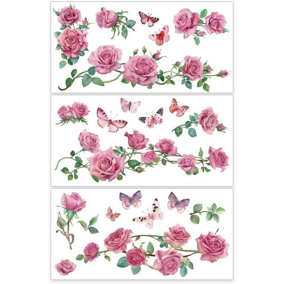3pcs/Set Rose Rub on Transfers for Furniture and Crafts 12x6 inch Rose with Butterfly Decor Transfer Stickers Flower Rub on Decals for Living Room Furniture Scrapbooking Home Decorations