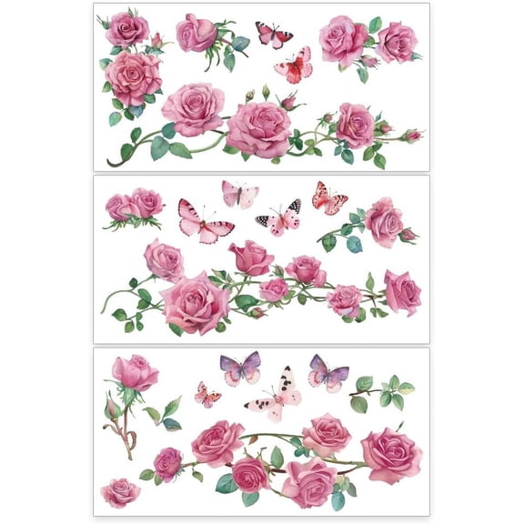 3pcs/Set Rose Rub on Transfers for Furniture and Crafts 12x6 inch Rose with Butterfly Decor Transfer Stickers Flower Rub on Decals for Living Room Furniture Scrapbooking Home Decorations