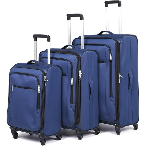 3pcs Set Softside Luggage Sets With Spinner Wheels, Expandable Softshell Suitcase Set with front pocket, 28inch, 24inch, 20inch Lightweight fabric luggage(BLUE)