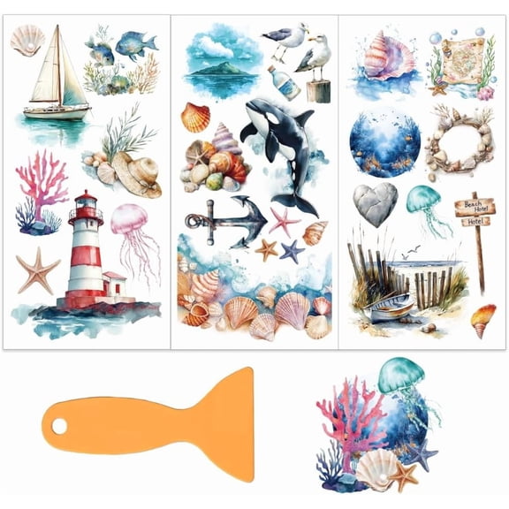 3pcs/Set Summer Ocean Rub on Transfers DIY for Furniture and Crafts 6x12 Inch Sailboat Furniture Decals Transfer Stickers Lighthouse Rub on Decal with 1pc Scraper DIY for Furniture Home Decoration