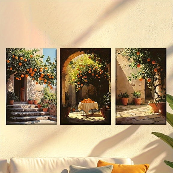 3pcs Set Unframed Canvas Art- Vibrant Orange Tree Courtyard Scenes, Sunlit Mediterranean Style Posters for Living Room, Office, Library, Bar, Cafe- Ideal Gift for Birthdays, Holidays, Easter, Mother