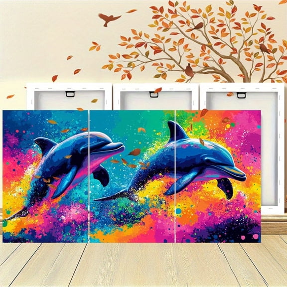 3pcs Set Vibrant Dolphins Ocean Wall Art - Unframed 12x16 Inch Large Colorful Marine Life Paintings, Turquoise Blue & Pink Dolphin Triptych for Living Room, Dining Room, Beach House Decor - Modern C