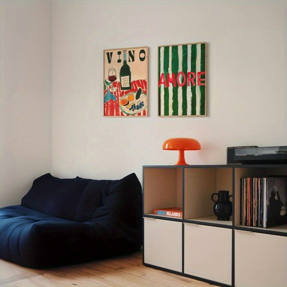 3pcs Set of Vintage "Amore" Canvas Murals, Vino Wine Glasses, and Chili Dopamine Wall Art Posters, Suitable for Living Rooms, Bedrooms, Offices, Corridors, Creative Gifts, Frameless