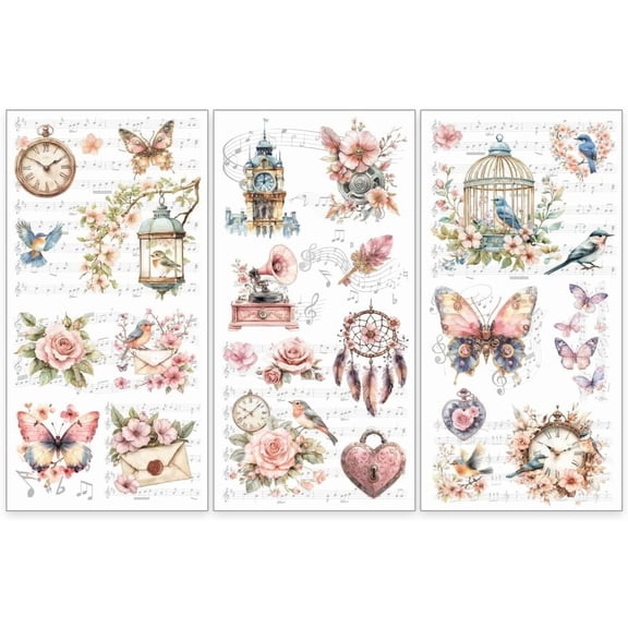 3pcs/Set Vintage Bird Butterfly Rub on Transfers for Furniture Crafts 6x12 Inch Birdcage Clock Decals