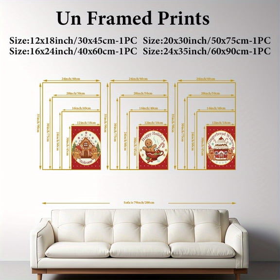 3pcs Set Vintage Gingerbread Man Canvas Art Prints, Eclectic Style Oblong Horizontal Unframed Wall Decor for Living Room and Bedroom, Merry Christmas Festive Hanging Paintings
