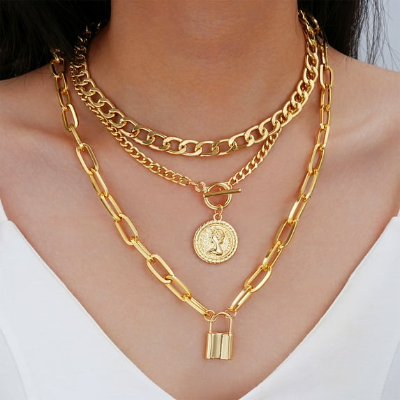 3pcs/ Set Vintage Golden Coin Pendant Necklace Stackable Cuban Chain Necklace Women's Jewelry