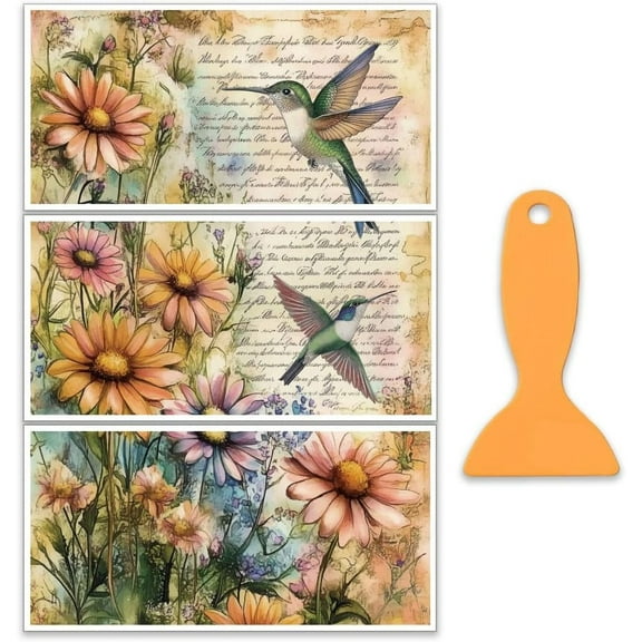 3pcs/Set Vintage Hummingbird Rub on Transfers for Furniture and Crafts - 12x6 Inch Hummingbird Collage - PVC Material - Orange Yellow - Rectangular Sheets - Indoor Use