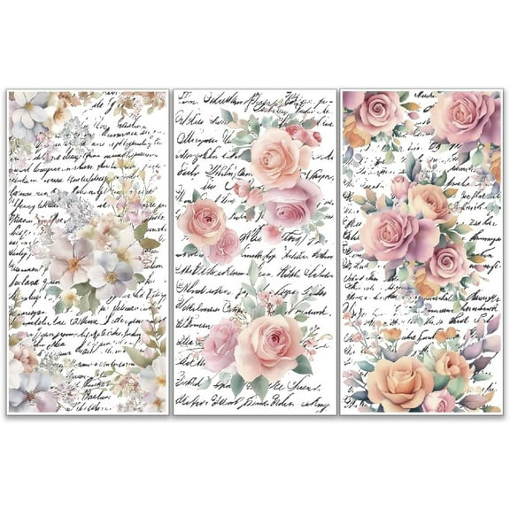 3pcs/Set Watercolor Flower Rub on Transfers for Furniture and Crafts 6x12 inch Pink Roses Furniture Decals Poetry Transfer Stickers Rub on Decals for Wood Furniture Home Decor