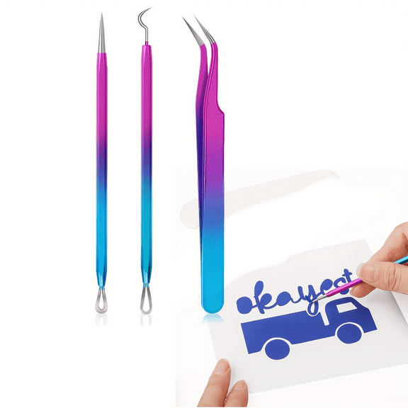 3pcs/Set Weeding Tools for Vinyl, Vinyl Weeding Tools for Permanent Vinyl/HTV Vinyl/Holographic Vinyl, Craft Vinyl Weeding Tools Kit with Hook and Pick with Tweezers