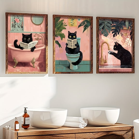 3pcs Set, Whimsical Cat Canvas Art Prints, Vintage Pink Bathroom Humor Posters, Frameless Animal Portraits, Indoor Art Deco Modern Retro Poster for Living Room, Bedroom, Dining Room Decor