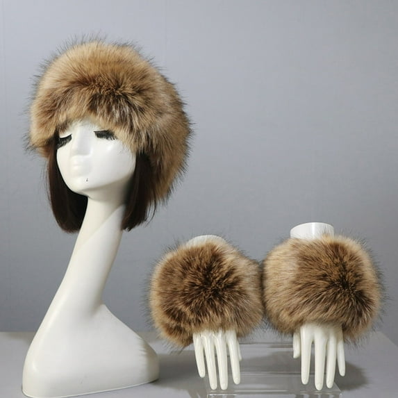 3pcs/Set Women Winter Faux Fox Fur Headband Hats Cuffs Luxury Warm Female Wrist Sleeve Gloves Faux Fur Cap Russian Style Outdoor (01)