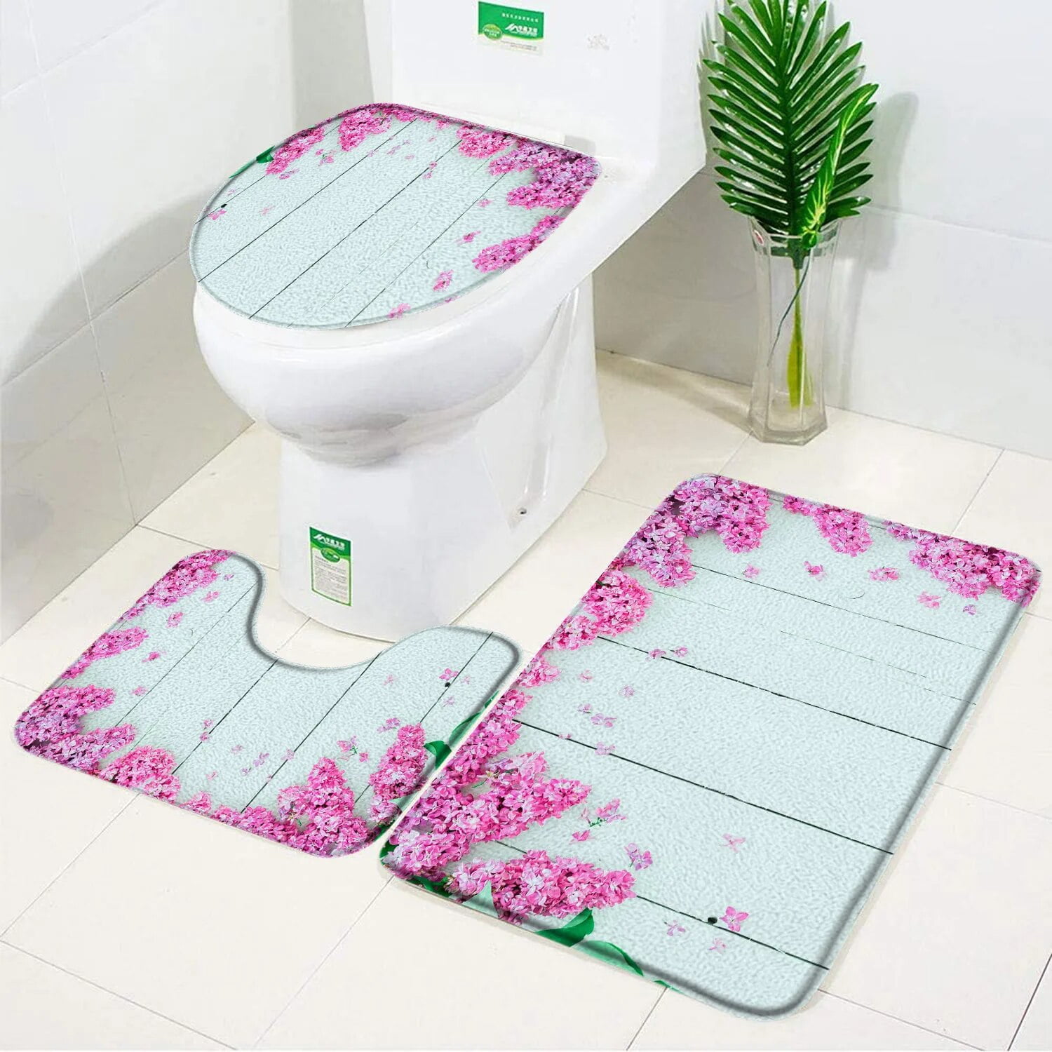 3pcs Set Wooden Bath Mat Purple Blue Pink Fresh Flower Elegant Anti ...