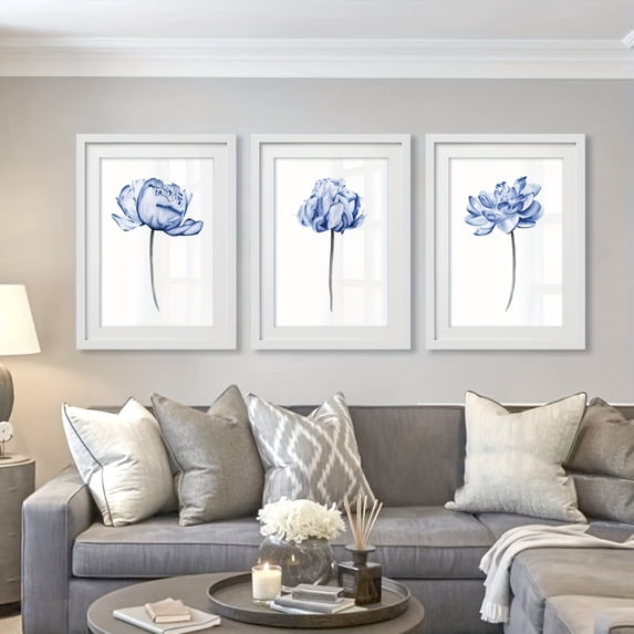 3pcs Set of Blue Peony Wall Art, Blue Floral Art, Bedroom Wall Decoration Living Room Flower Bedside Flowers Bohemian Minimalist Poster, Unframed