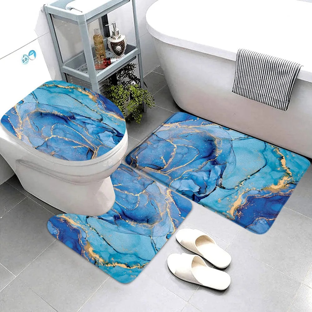 3pcs Sets Black Marble Bath Mats Gold Grey Lines Creative Abstract