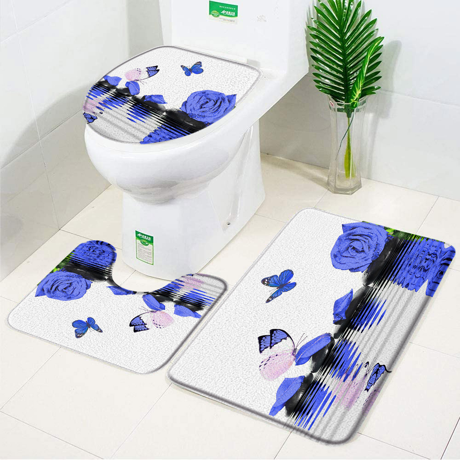 Naturestep Rug Butterfly 3pcs Sets Blue Flower Butterfly Bath Mat Carpet Spring Floral Flannel ...