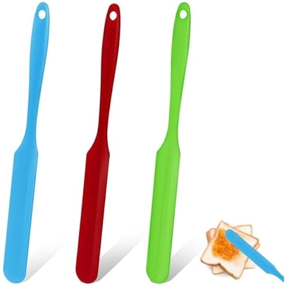 3pcs Silicone Jar Spatula Heat Resistant Kitchen Spatulas with Long Handle, Jam Spreader Cake Cream Butter Spatulas Mixing Batter Scraper for Jars Baking Cake Icing(Blue&Red&Green)