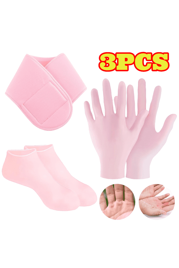 3pcs Silicone Moisturizing Gloves Socks Neck Strap Set, Anti Slip Soft Spa Gel Socks Softening Feet Dry Cracked Skin, Women Spa Pedicure Socks, Pink