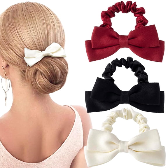 3pcs Silk Bow Scrunchies Bowknot Hair Ties Ropes Elastic Bands Ponytail Holder Wedding Party Halloween Christmas Accessories for Thick Long Hair Women Teen