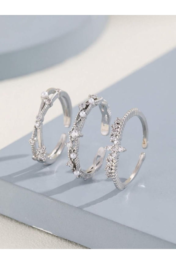 3pcs Silver Faux Pearl & Rhinestone Cuff Ring Set For Women