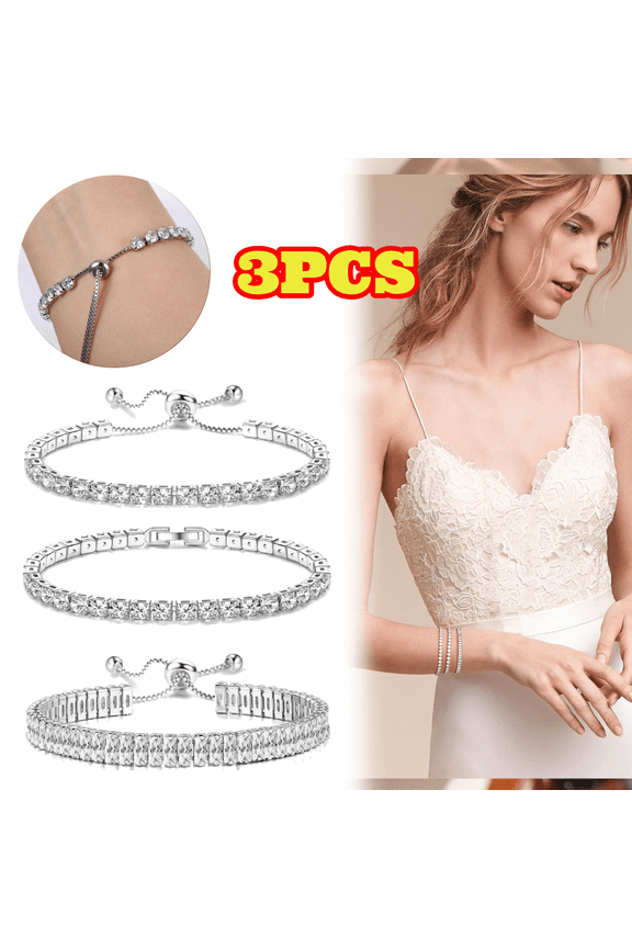 3pcs Silver Plated Tennis Bracelets For Women, Adjustable Stackable CZ Diamond Bracelets Set For Prom Wedding Jewelry Gifts