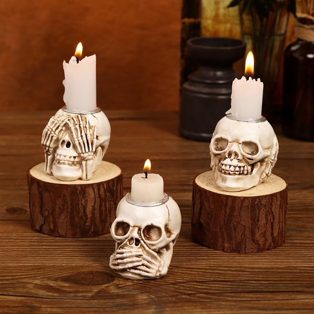 3pcs Skull Candle Holder,Resin Skulls Skeleton Head Candlestick Holders
