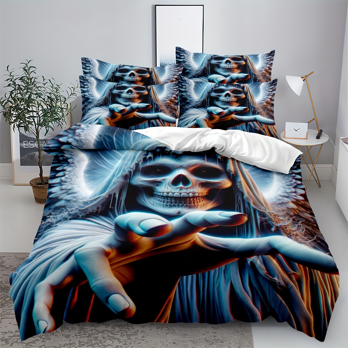 3pcs Skull Cover Set, Horror Thomed Print Quilt Cover With Pillowcase