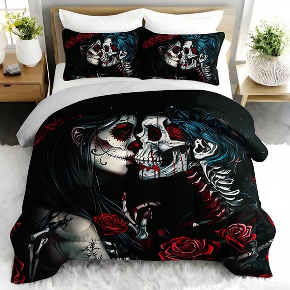 3pcs Skull Rose Comforter Set, Gothic Bedding Set for Bedroom or Guest Room Decor, All Seasons Quilt Machine Washable Duvet with 2 Pillowcases