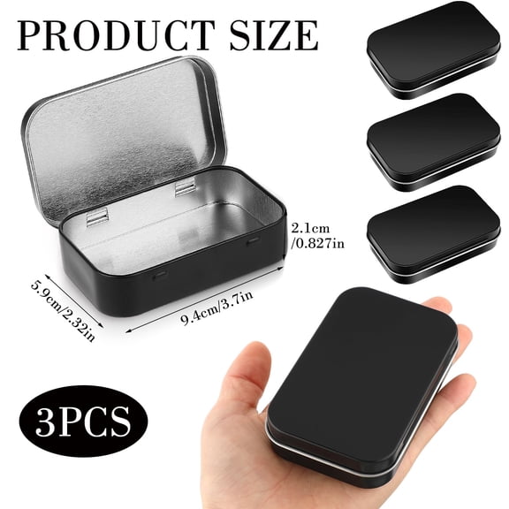 3pcs Small Hinged Tin Boxes Metal Storage Containers Black 9.3x5.9x2.05cm