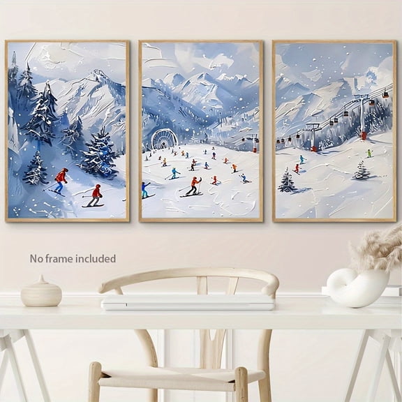 3pcs Snow Mountain Ski Canvas Wall Art Set, Frameless Landscape Theme Prints for Living Room, Bedroom, Kitchen & More - Perfect Room Decor, Mountain Wall Art