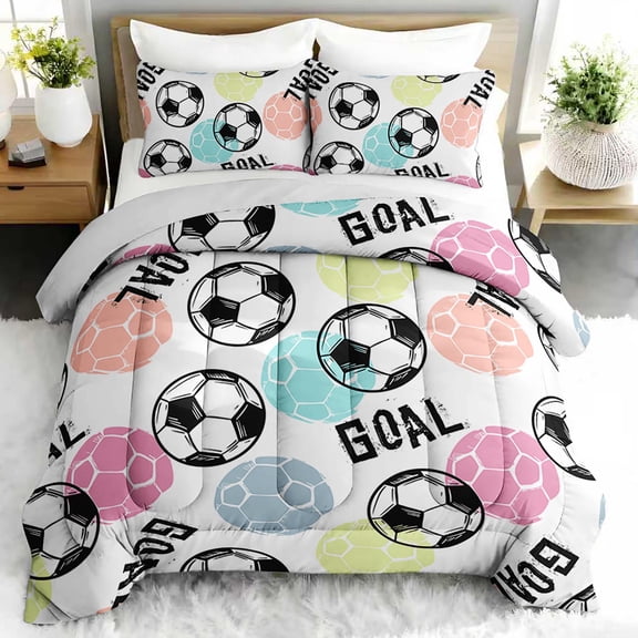 3pcs Soccer Ball Print Comforter Set, Fun Football Bedding Set for Bedroom or Guest Room Decor, All Seasons Quilt Machine Washable Duvet with 2 Pillowcases