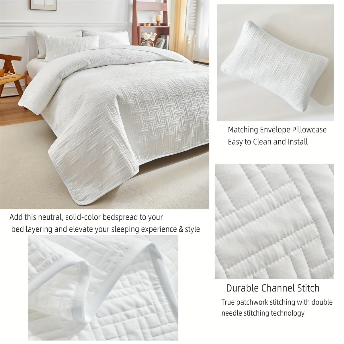 3pcs Solid Color Quilted Bedspread Set (1*Bedspread + 2*Pillowcase Without Filler) Soft