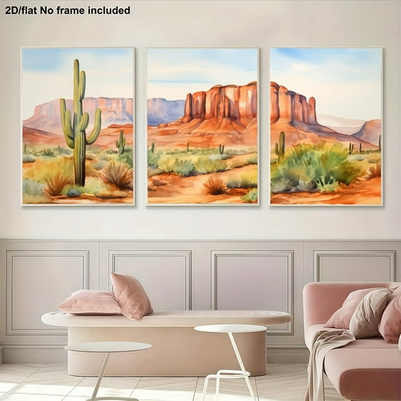3pcs Southwestern Desert Landscape Canvas Wall Art Set - Arizona Desert Triptych with Cacti, Rock Formations & Monument Valley-Inspired Paintings in Warm Beige, Brown, Orange & Blue Tones - Bohemian