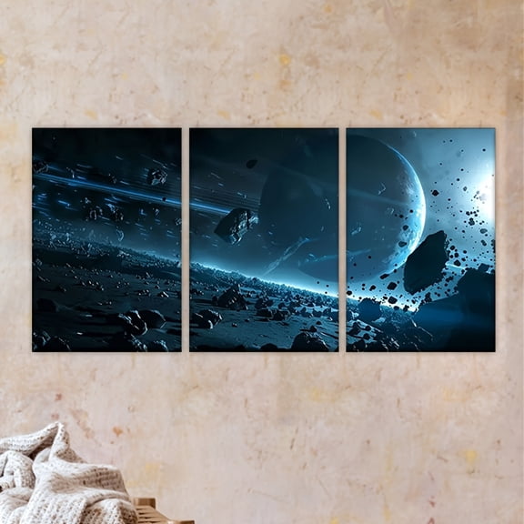3pcs Space-Themed Tri-Panel Abstract Starry Sky Wall Art Set - Unframed Triptych Canvas Paintings (Planets, Asteroids, Comets) for, Office Decor - Astronomy Birthday/Easter/Mother's Day Gift, Modern