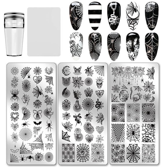 3pcs Spider Web Nail Stamping Plates Nail Art Plates Gothic Nails Image Plates Spooky Cobwebs Patterns Manicure Art Templates DIY