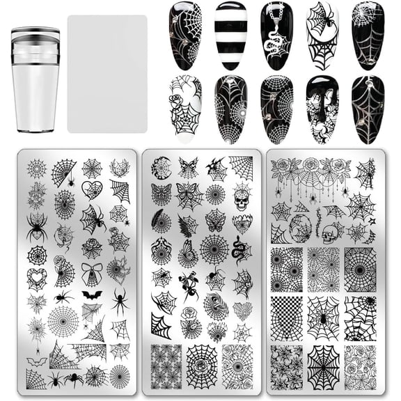 3pcs Spider Web Nail Stamping Plates Nail Art Plates Gothic Nails Image Plates Spooky Cobwebs Patterns Manicure Art Templates