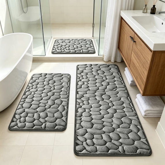 3pcs Sponge Density Pebbles Bath Mat Set, Large Absorbent 25D Bath Rug, Non-Slip Latex Backing, Soft Comfortable for Bathroom Floor, Machine Washable,