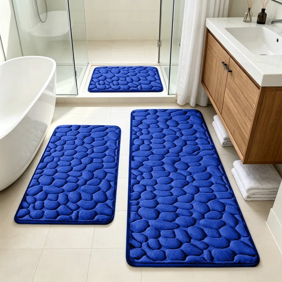 3pcs Sponge Density Pebbles Bath Mat Set, Large Absorbent 25D Bath Rug, Non-Slip Latex Backing, Soft Comfortable for Bathroom Floor, Machine Washable,