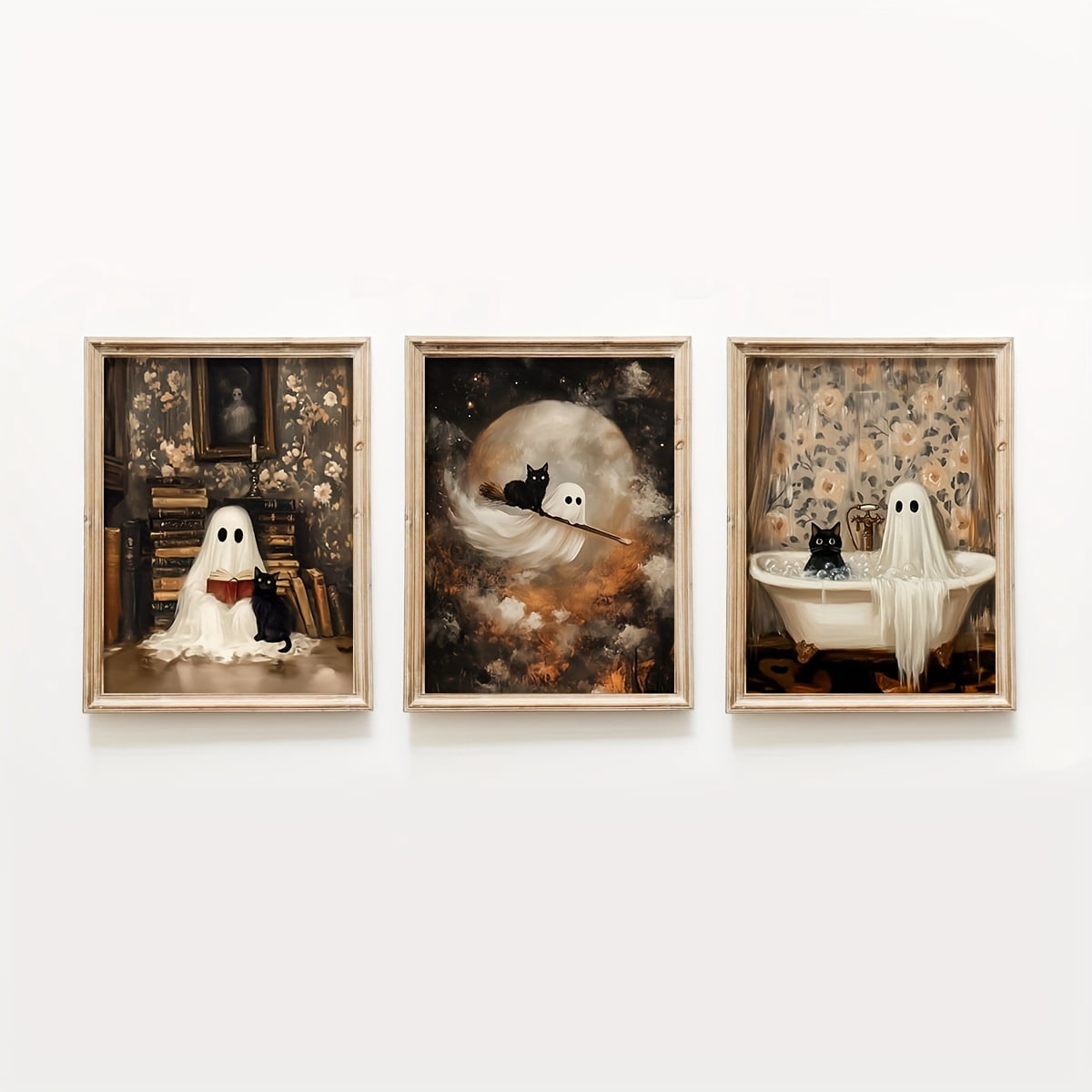 3pcs Spooky & Whimsical Ghosts and Black Cats Halloween Wall Art Print ...