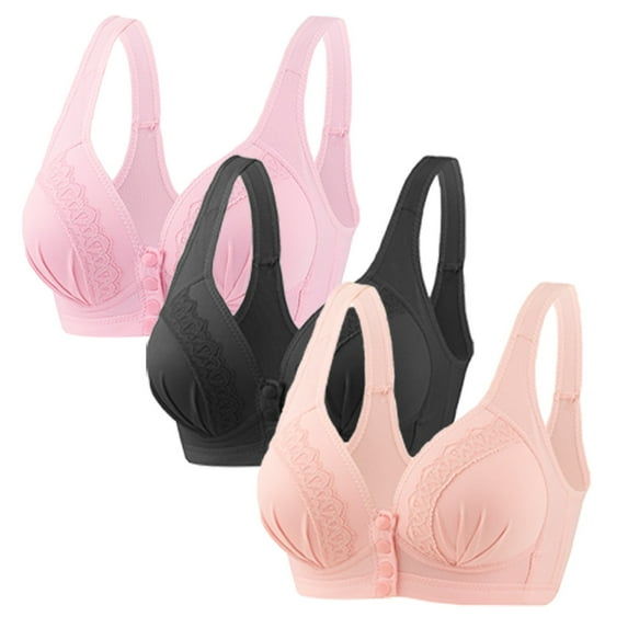 3pcs Sports Bras for Women Open Closure Button Plus Size Full Coverage Bralettes Ladies Elder Comfort Lightly Lined Push up Bra