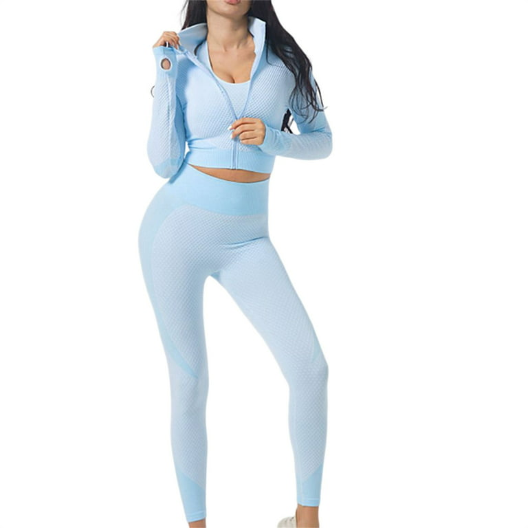 3pcs Sports Jacket Set Long Sleeve Sports Suit Workout Outfits for Women M  Sky Blue 