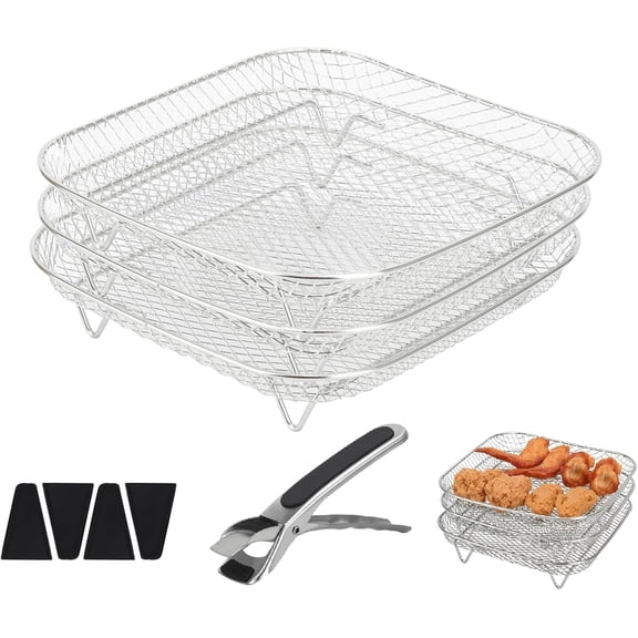 3pcs Square Air Fryer Rack, 8 inch Stainless Steel Stackable Air Fryer Basket Square Air Fryer Grill Rack Air Fryer Accessories for , Instant Vortex, Ninja Airfryer