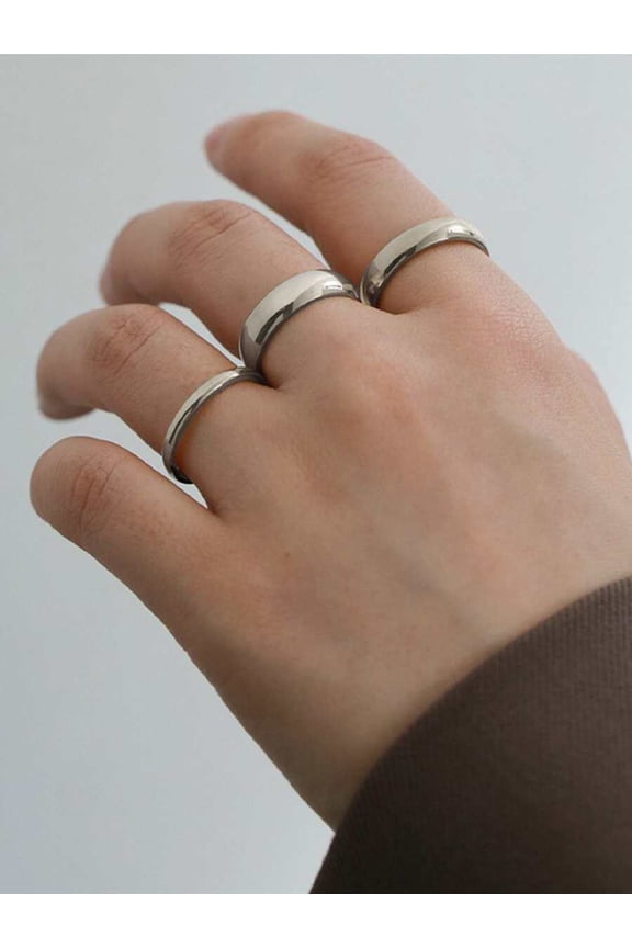 3pcs Stainless Steel Classic 2mm, 4mm, 6mm Inner & Outer Ball Couple Ring Set In Silver