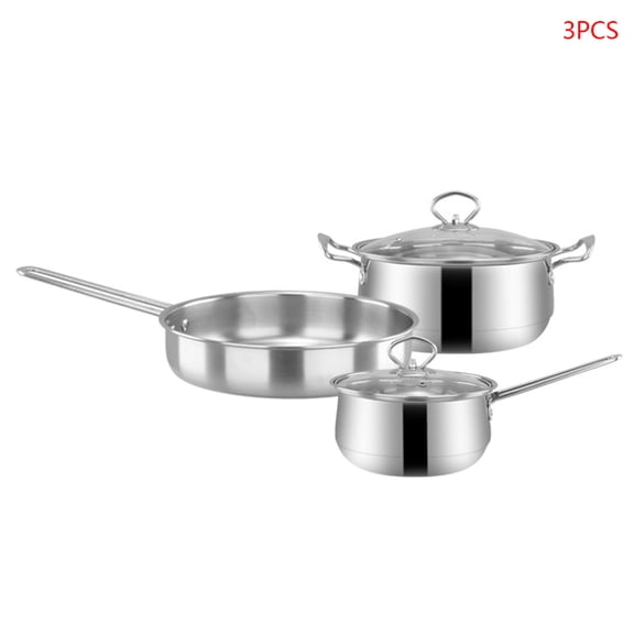3pcs Stainless Steel Cookware Set Flat Bottom Frying Pan Soup Milk