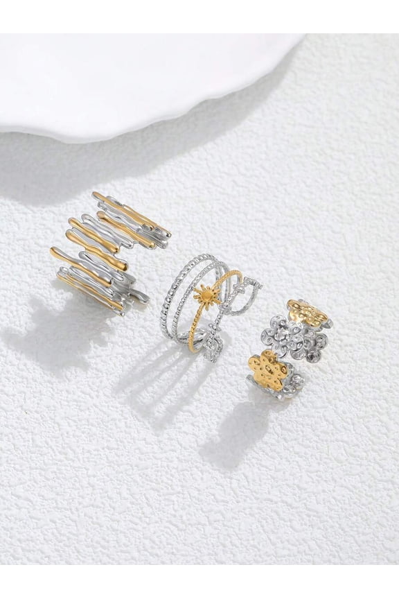 3pcs Stainless Steel Yellow Gold Ombre Tree Root Flower Radiant Open Ring Set For Women