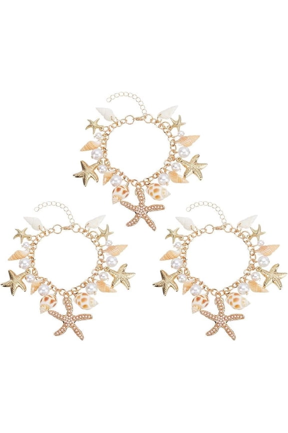 3pcs Starfish Seashell Bracelets Jewelry Costume Accessories Starfish Pearl Anklet Bracelet Women Adjustable Seashell Bracelet Summer Beach Bracelet for Women