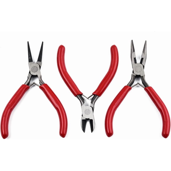 3pcs Steel Pliers Set with Plastic Handles Side Cutter Pliers Round Nose Plier Needle Nose Wire Cutter Plier Red Jewelry Making Tools Creative Craft