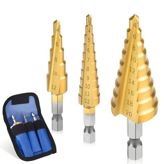 3pcs Step Drill Bit Set, HSS Titanium Step Drill Bits for Wood Metal Hole Cutter with Portable Bag, 3-12mm 4-12mm 4-20mm