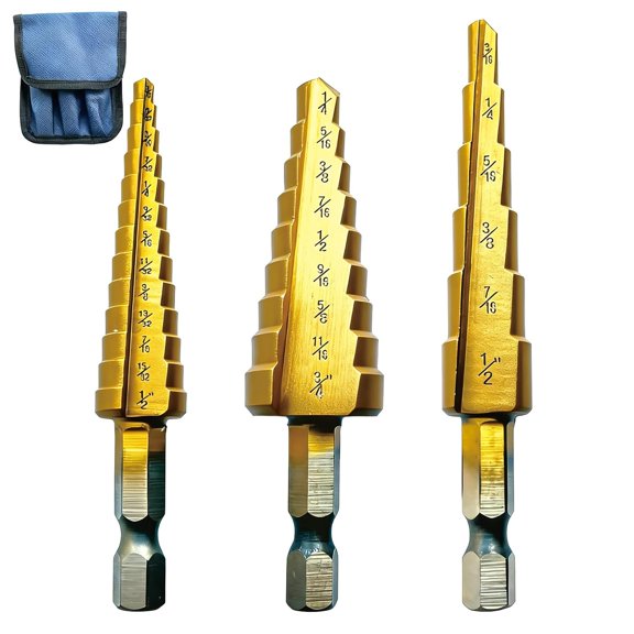 3pcs Step Drill Bit Set, Titanium Coated Hss Step Drill Bit Set High Speed Steel Step Bits Set Cone Metal Drill Bits for Plastic, Wood, Stainless Steel Sheet Metal