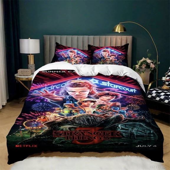 3pcs Stranger TV Things Bedding Set Soft Breathable Quilt Cover Lightweight Duvet Cover Set with Zipper Closure for All Season