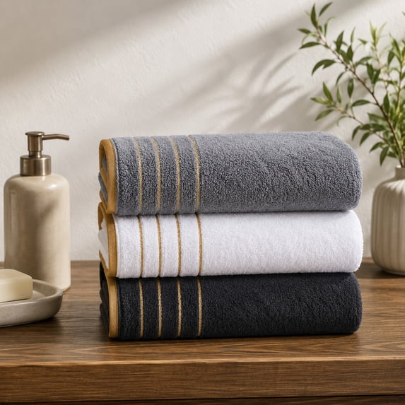 3pcs Striped Coral Fleece Bath Towels with Delicate Gold Trim, Super Soft and Highly Absorbent Towels in Mixed Colors, Sized 29*14in for Home, Spa, Gym and Hotel Daily Use, Multicolor